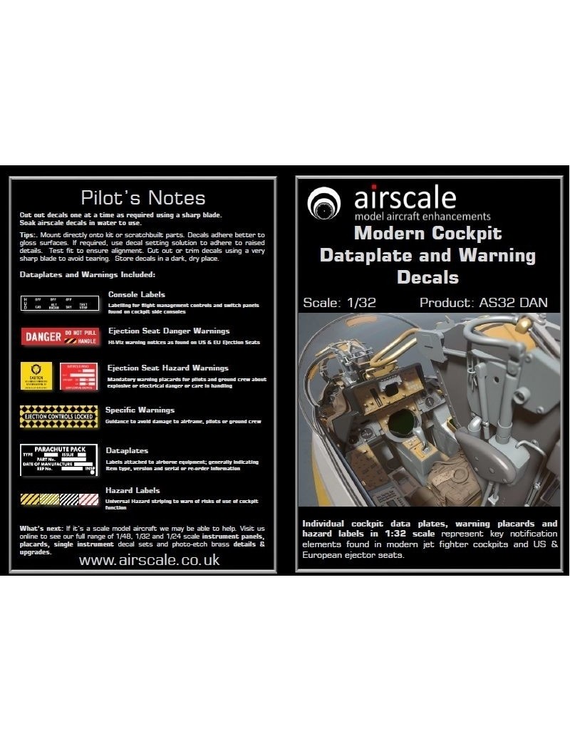 Airscale -  1/32 Modern Jet Cockpit Dataplate & Warning Labels (decals) - 3214